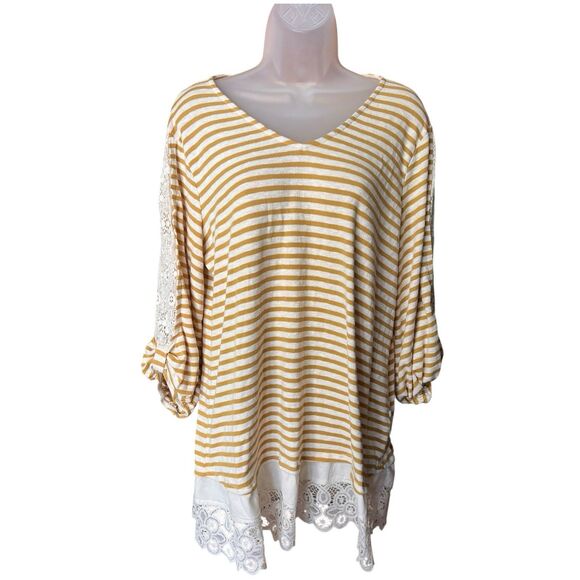 Cato Mustard Yellow Striped Lace Trim Tunic Top Sz Large Lagenlook Cottagecore - Picture 6 of 8